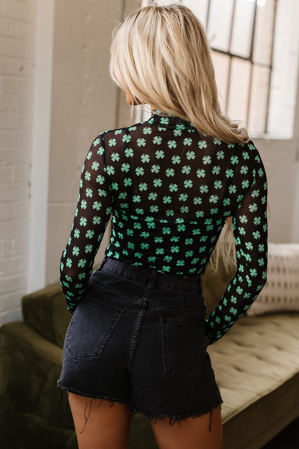 Green St Patrick Shamrock Printed Long Sleeve Mesh Bodysuit eAura