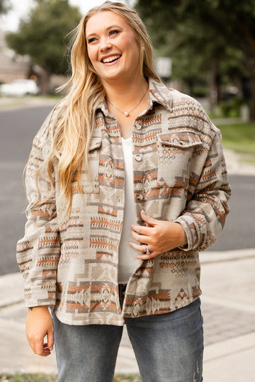 White Aztec Geometric Print Pockets Plus Size Jacket Beagle Boutique Fashion Outlet
