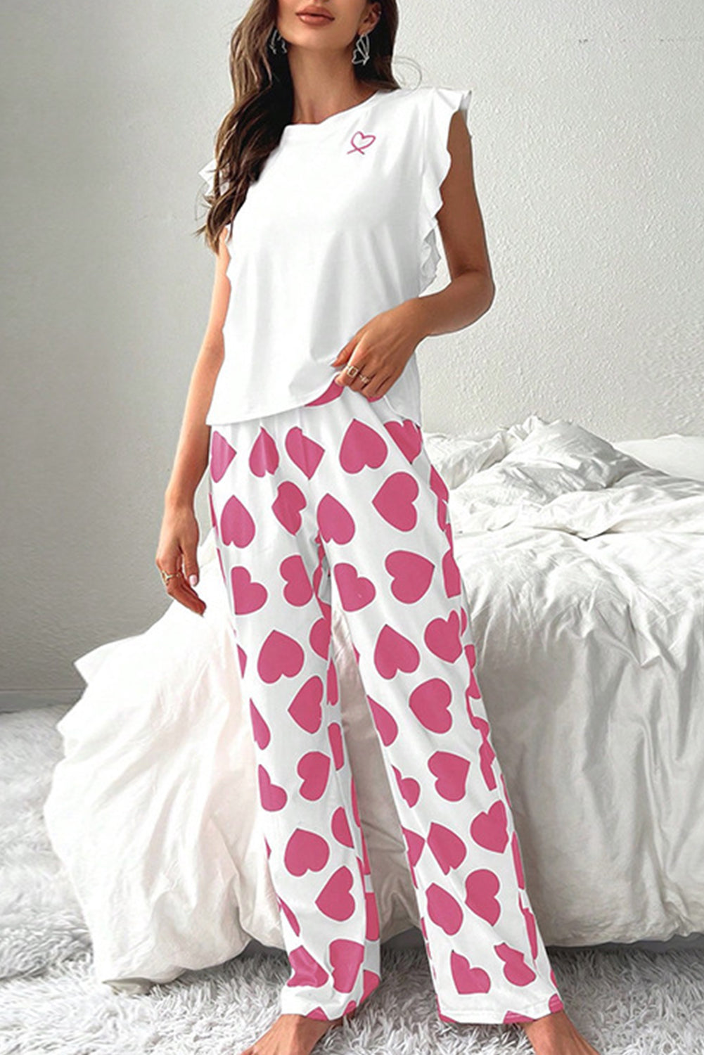 Pink Ruffled Tank Top And Heart Print Trousers Pyjamas eAura