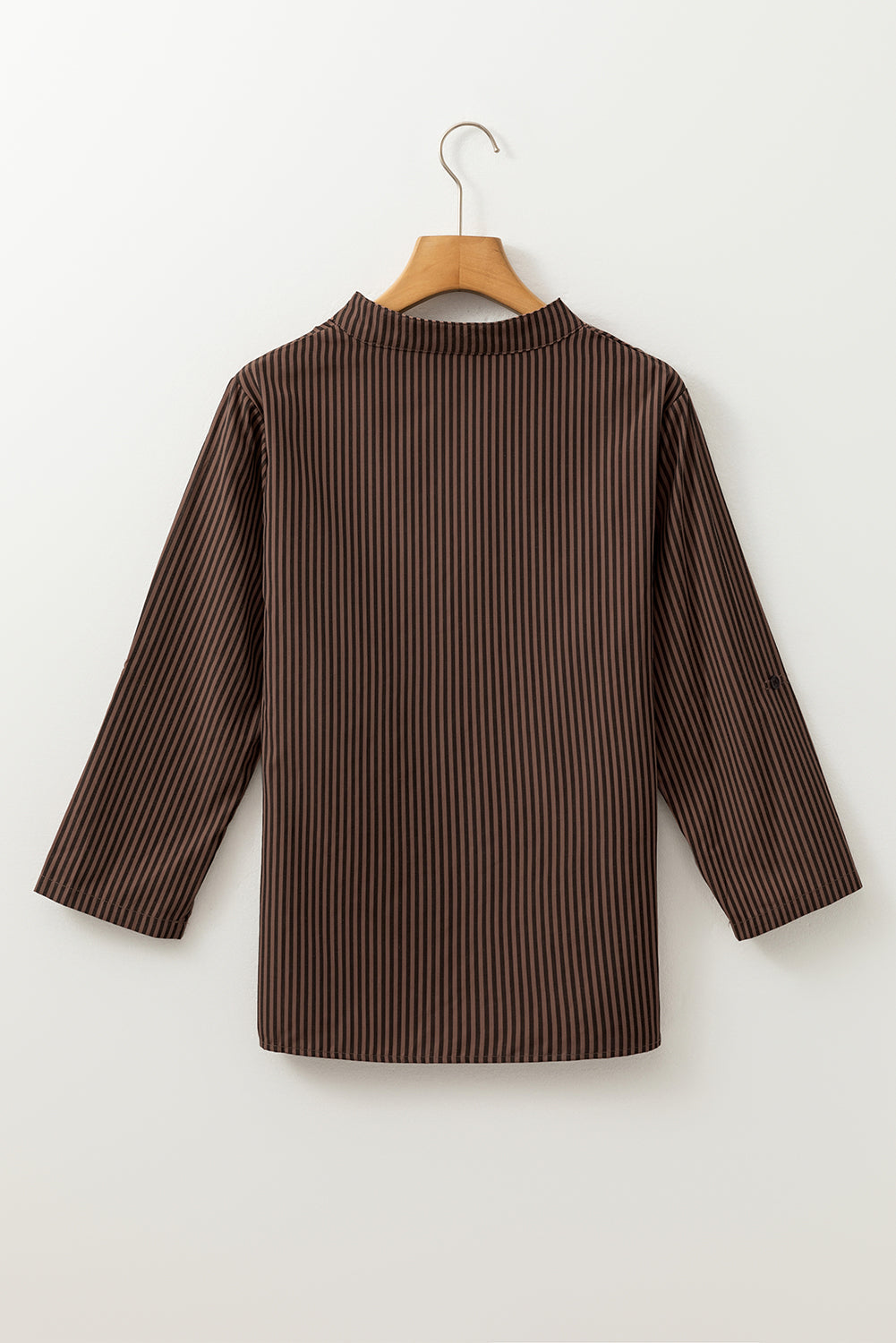 Brown Stripe V Neck Roll Up Sleeve Pocket Patched Classic Shirt eAura