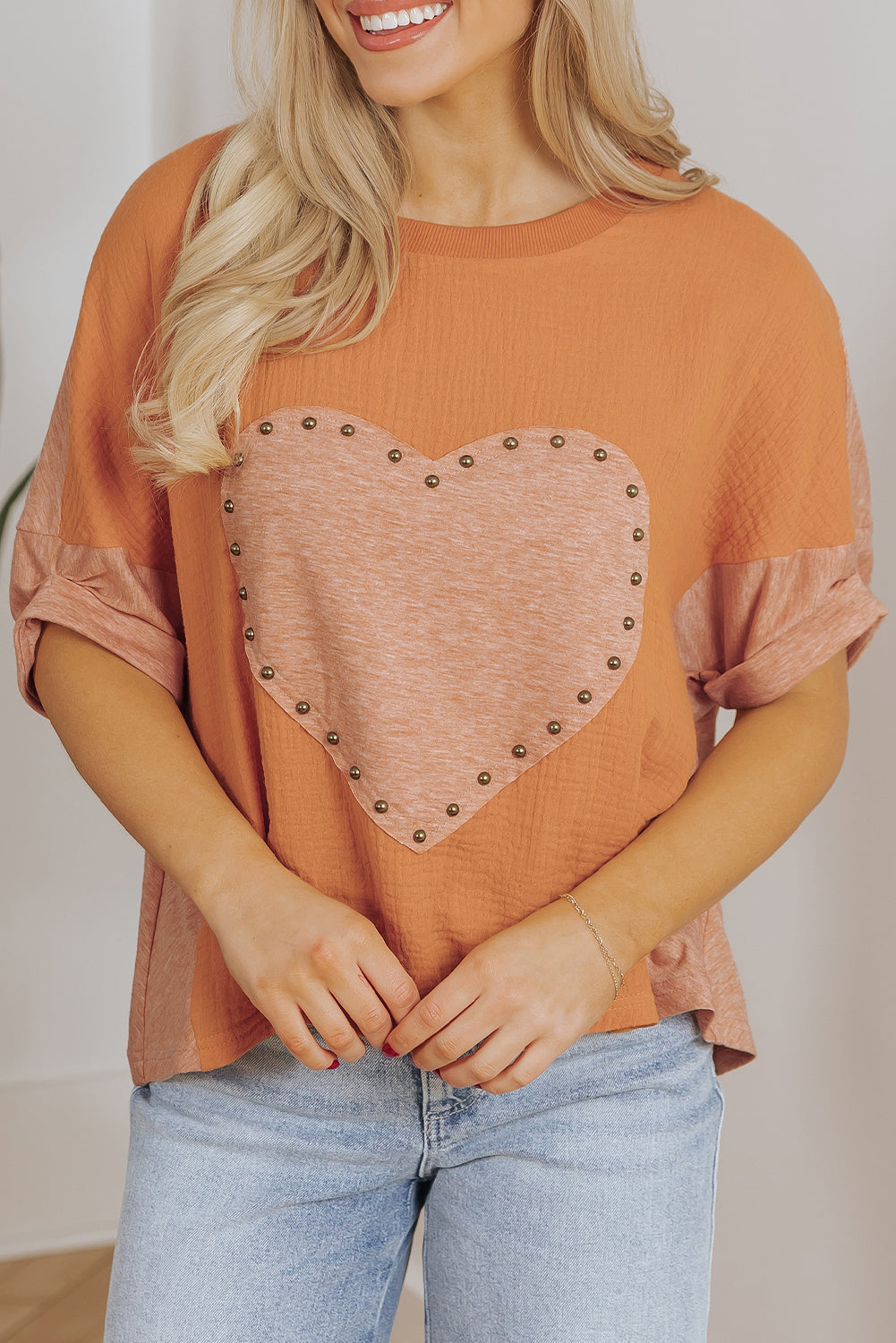 Desert Gold Stud Heart Patch Textured Front Dolman Top eAura