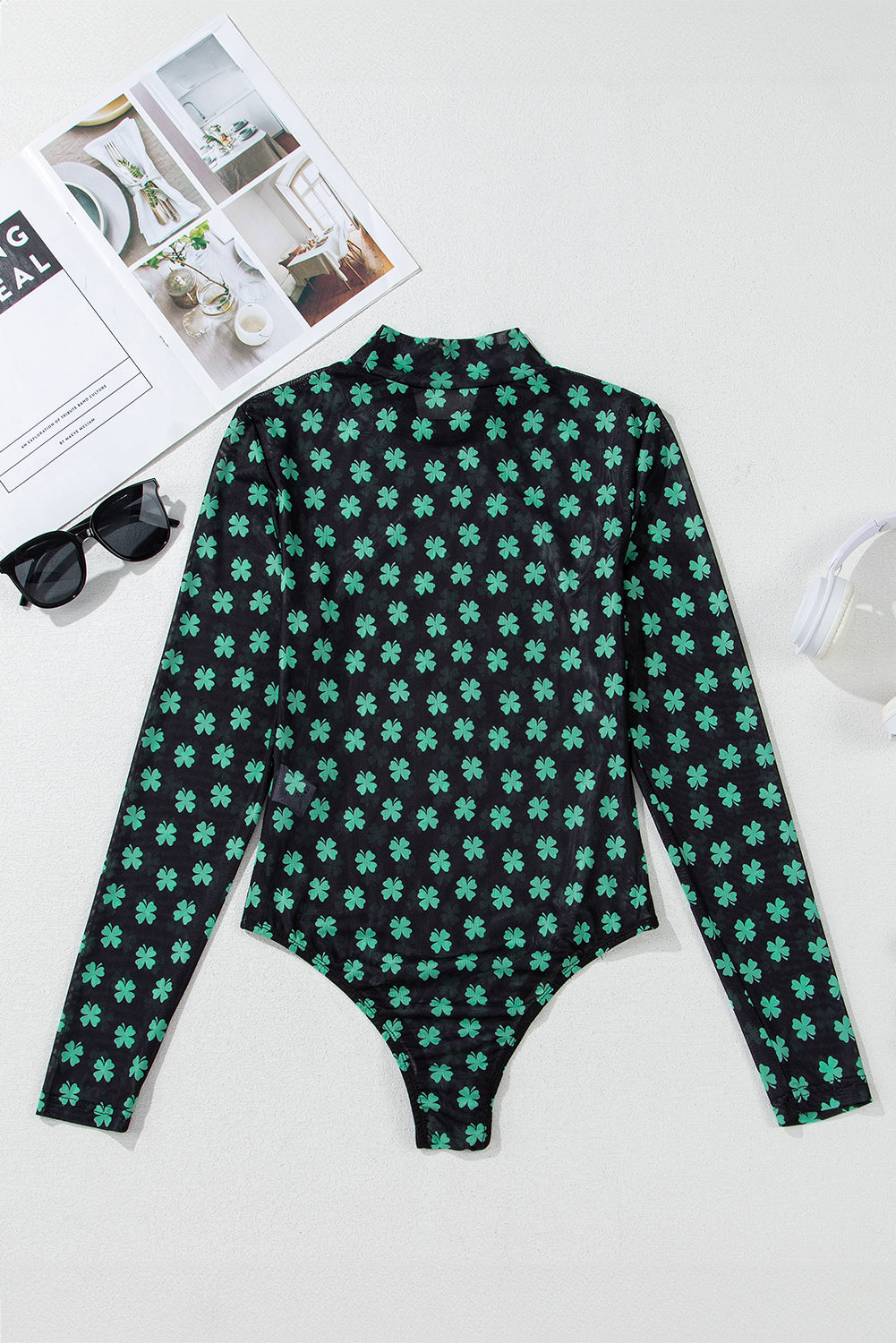 Green St Patrick Shamrock Printed Long Sleeve Mesh Bodysuit eAura