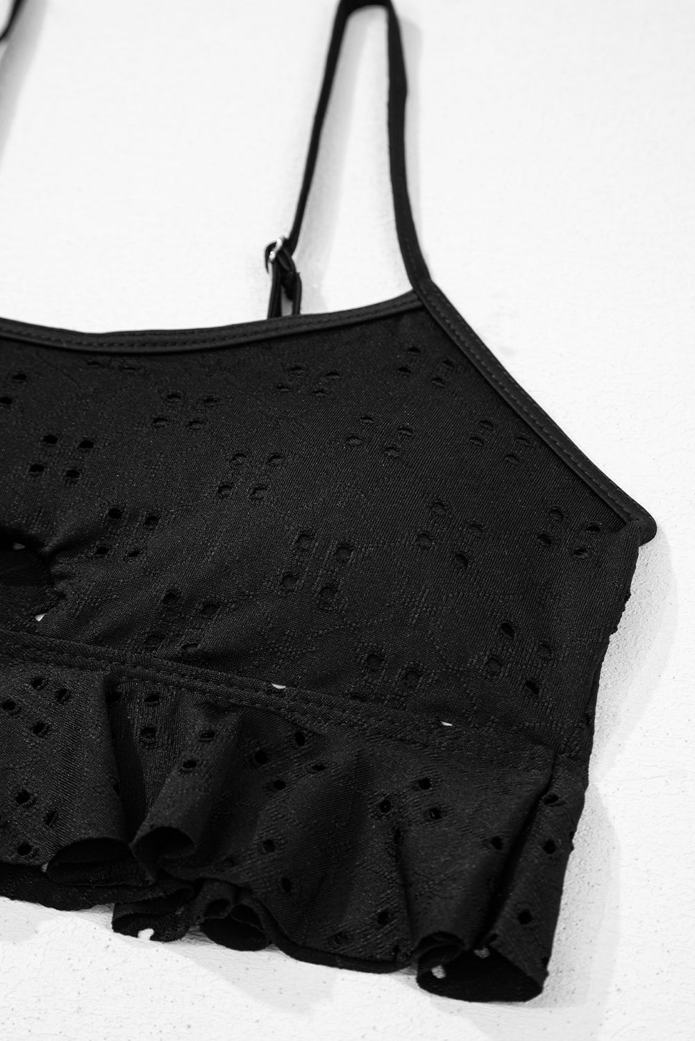 Black Eyelet Pattern Knotted Ruffle Trim 3pcs Bikini Set eAura