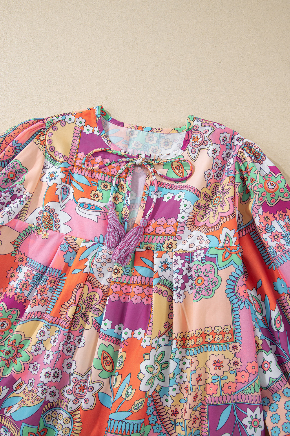 Multicolour Boho Floral Bubble Sleeve Tassel Tied Neck Pleated Blouse eAura