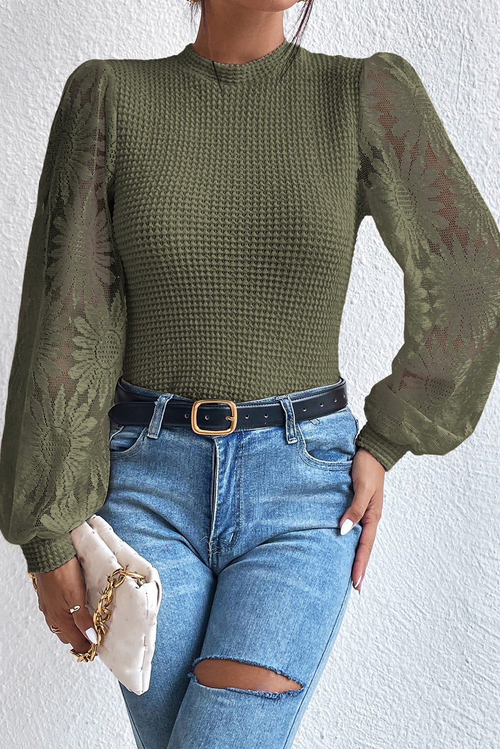 Peach Blossom Sunflower Mesh Bubble Sleeve Waffle Knit Top eAura