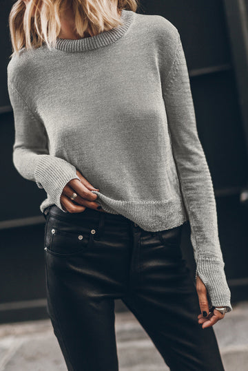 Grey Solid Colour Thumbhole Sleeve Ribbed Edge Sweater eAura