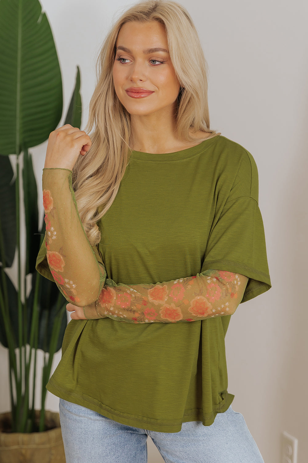Fern Green Faux Two Piece Floral Long Sleeve Patchwork Tee eAura