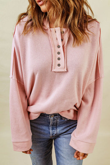 Pink Casual Button Solid Patchwork Trim Hoodie eAura