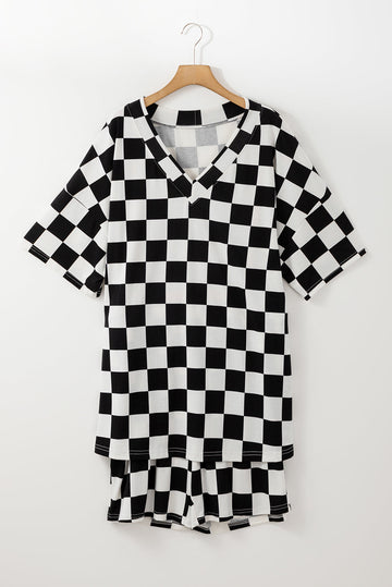 Black Checkered Pattern Tee and Shorts Plus Size Two Piece Set BB Fashion Outlet