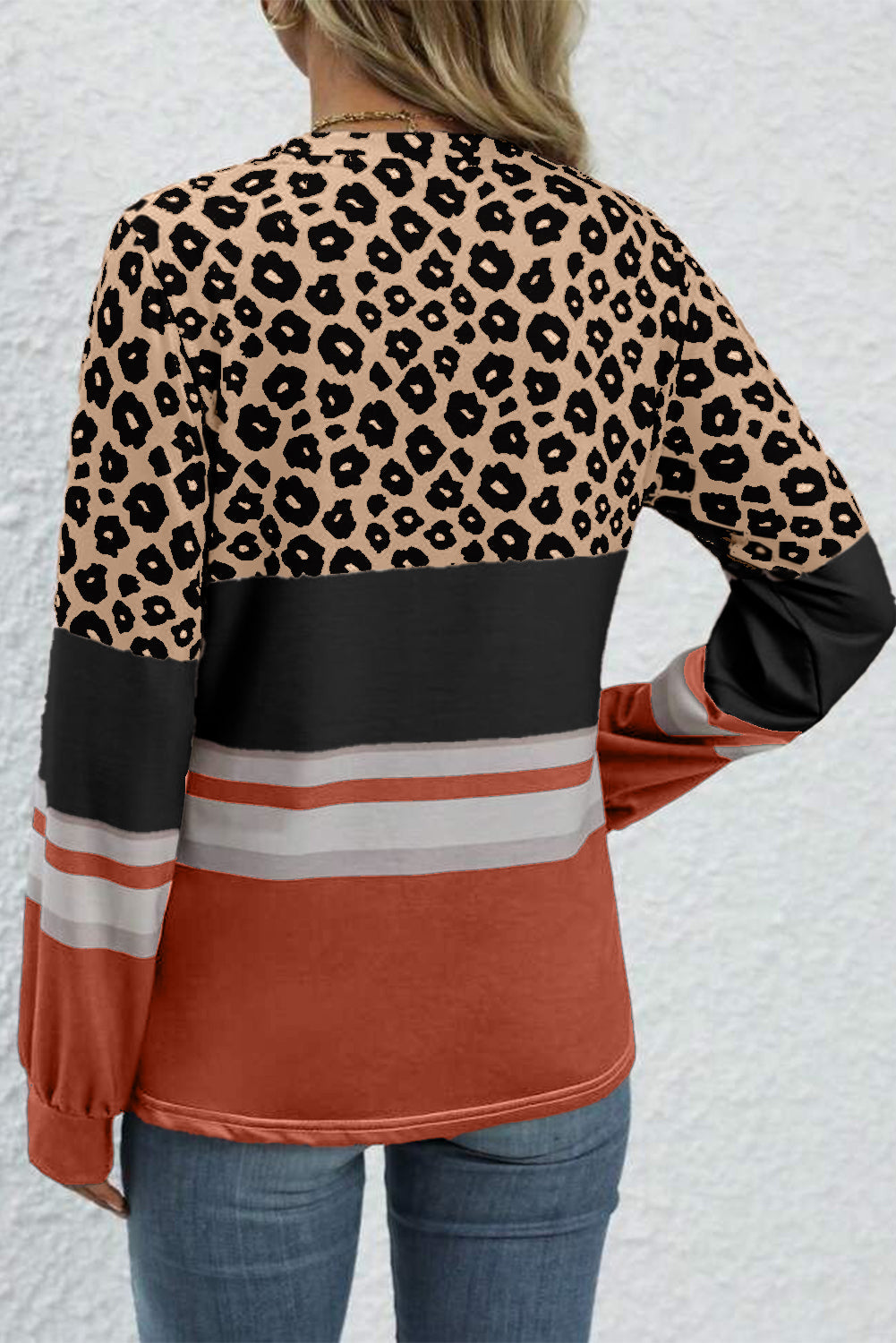 Khaki Leopard Colour Block Crewneck Long Sleeve Top eAura