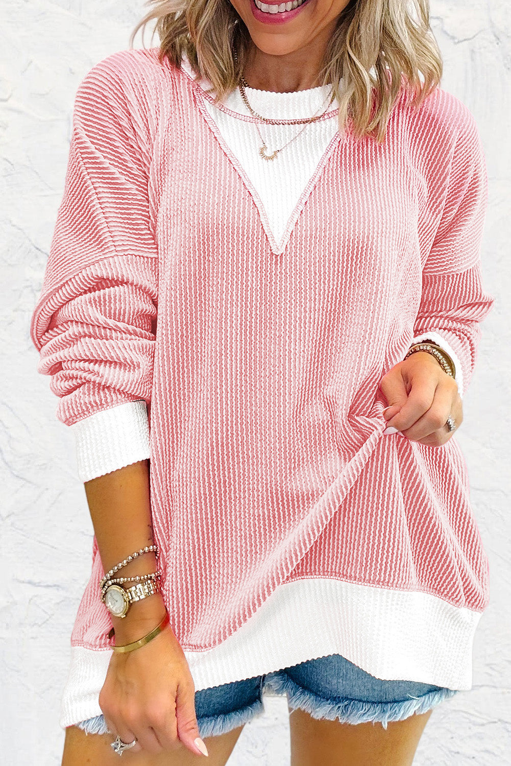 Peach Blossom Ribbed Colourblock Drop Shoulder Loose Top eAura