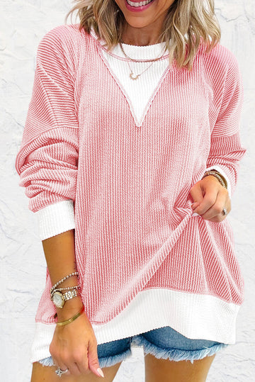 Peach Blossom Ribbed Colourblock Drop Shoulder Loose Top eAura