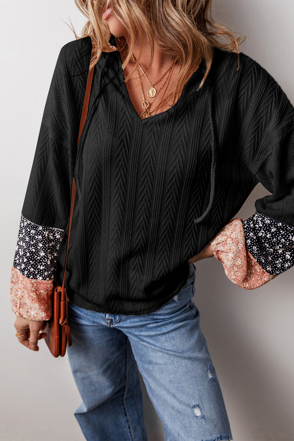 Beige Floral Patchwork Textured Knit Drawstring V Neck Blouse eAura