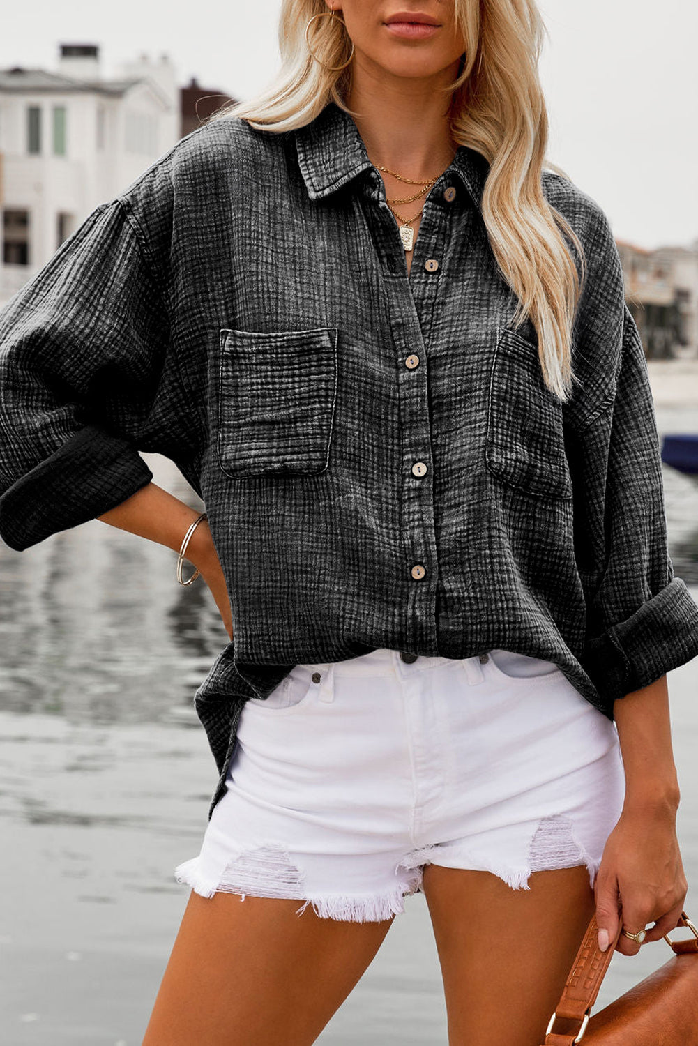 Sky Blue Mineral Wash Crinkle Textured Chest Pockets Shirt eAura