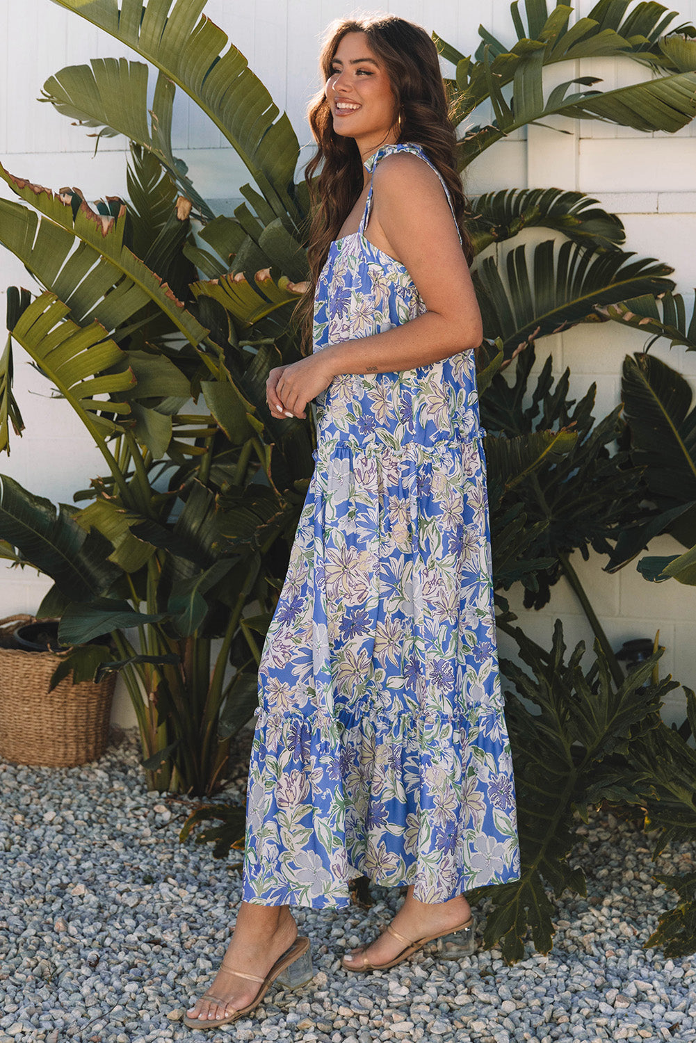 Sky Blue Floral Print Self-tie Straps Flowy Ruffle Long Dress eAura