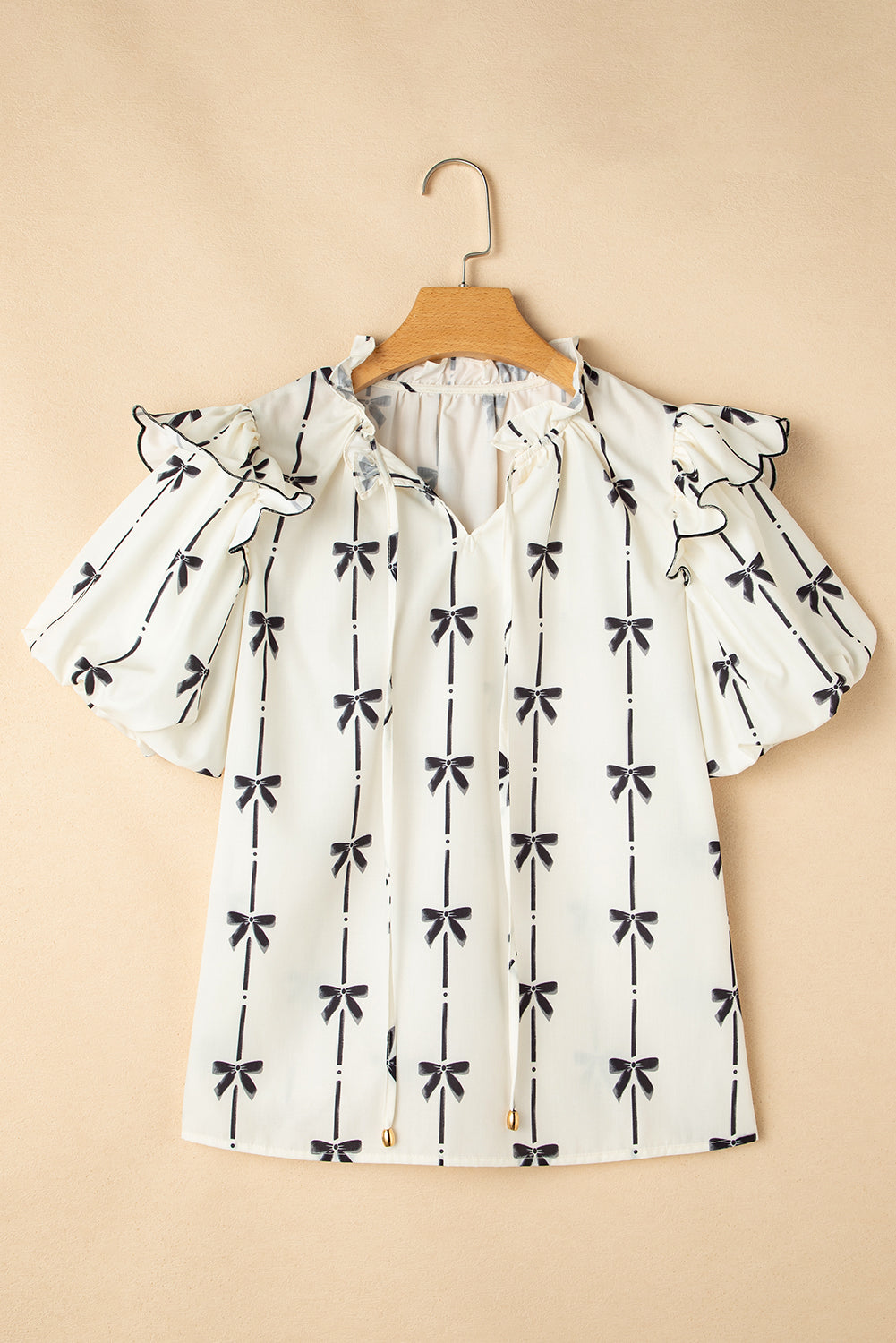 Beige Bow Printed Ruffled Bubble Sleeve Tied Notched V Neck Blouse eAura