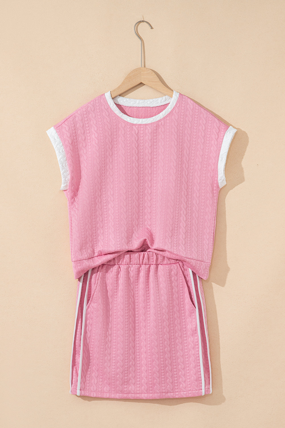 Pink Contrast Trim Textured Crewneck Tee and Pocketed Skirt Co-ord Set eAura