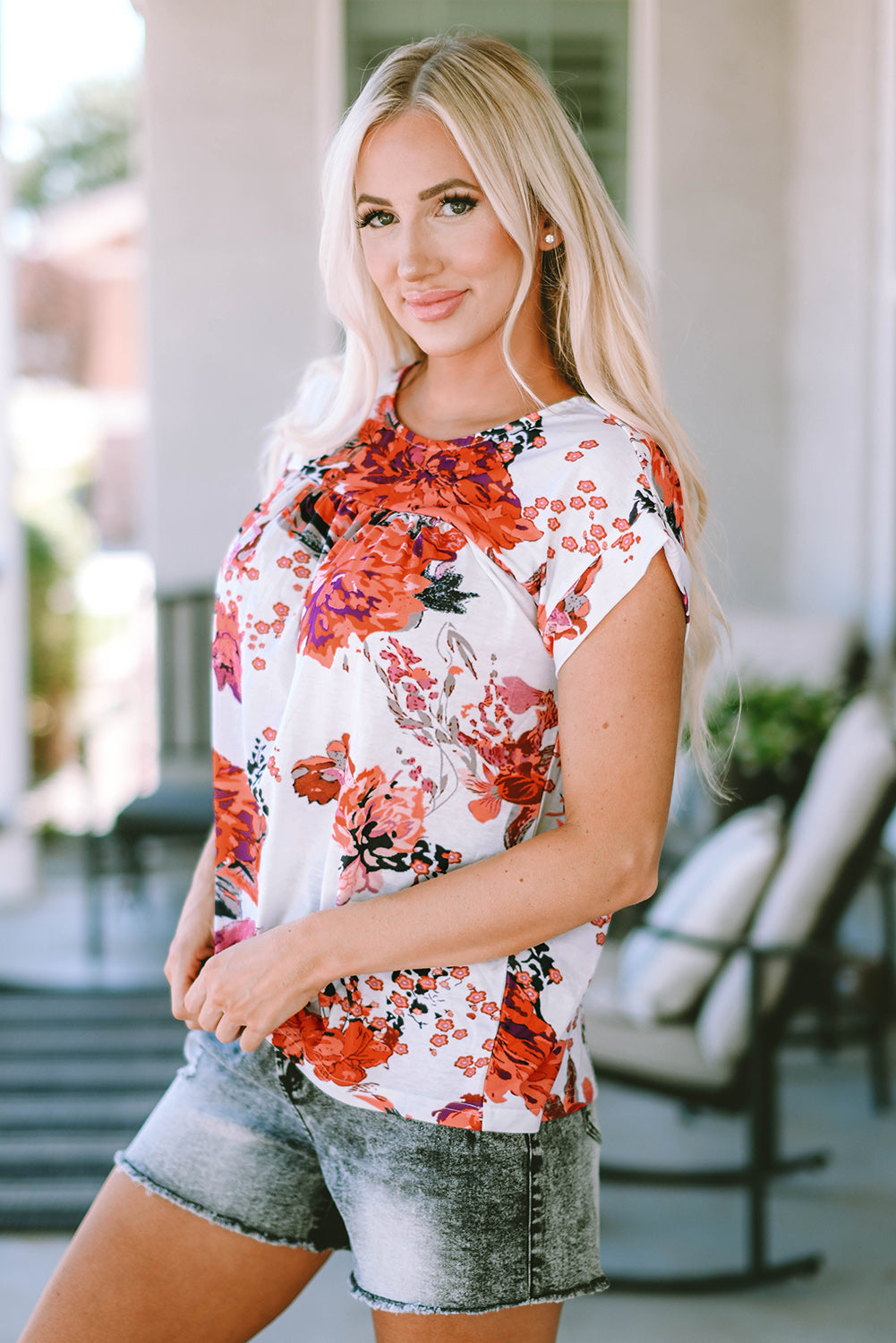 Fiery Red Floral Short Sleeve Round Neck Blouse eAura