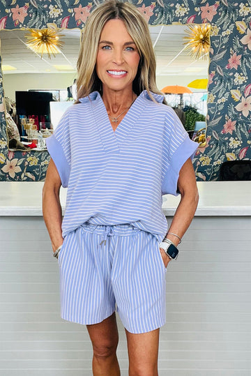 Sky Blue Stripe Dolman Sleeve Polo Shirt and Drawstring Shorts Set eAura