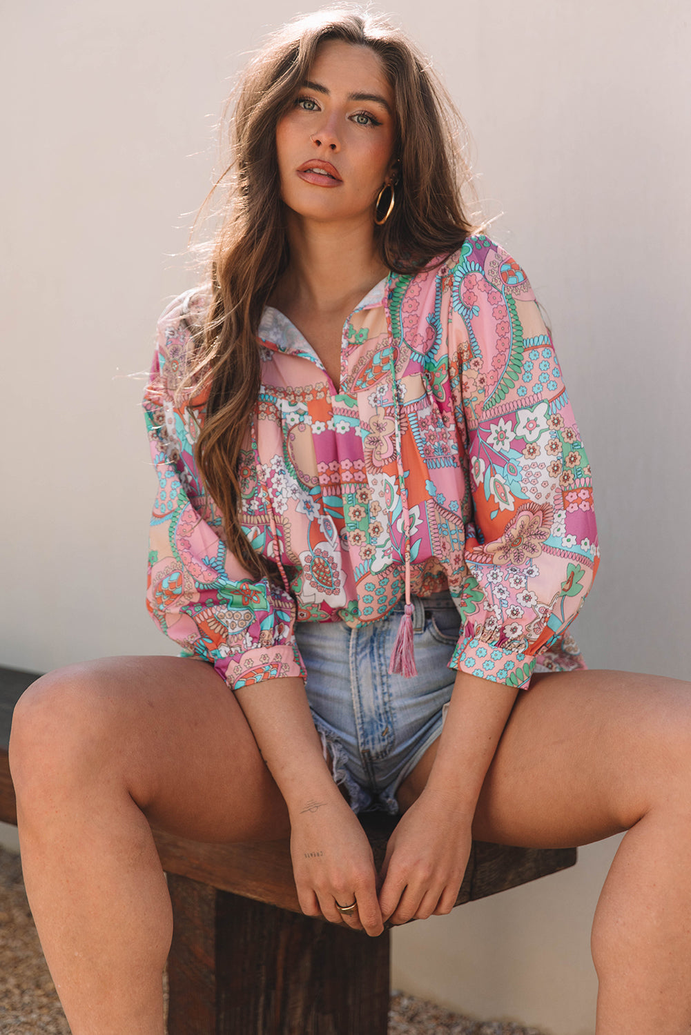 Multicolour Boho Floral Bubble Sleeve Tassel Tied Neck Pleated Blouse eAura
