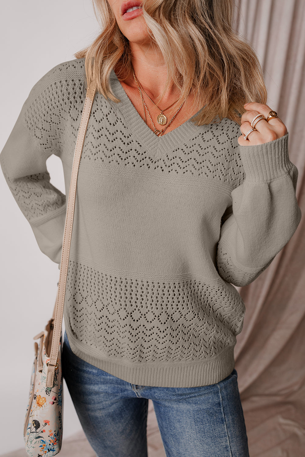 Black Eyelet Pattern Detail V Neck Drop Shoulder Sweater eAura