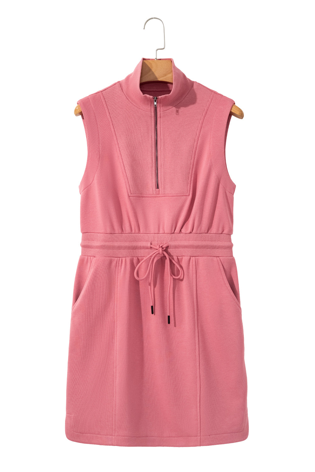 Mineral Red French Terry Zipped Collar Sleeveless Drawstring Waist Mini Dress eAura