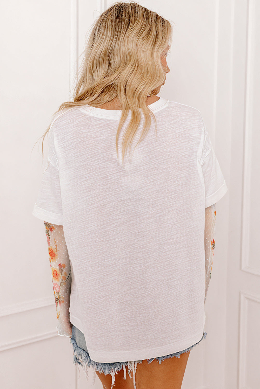 White Faux Two Piece Floral Long Sleeve Patchwork Tee eAura