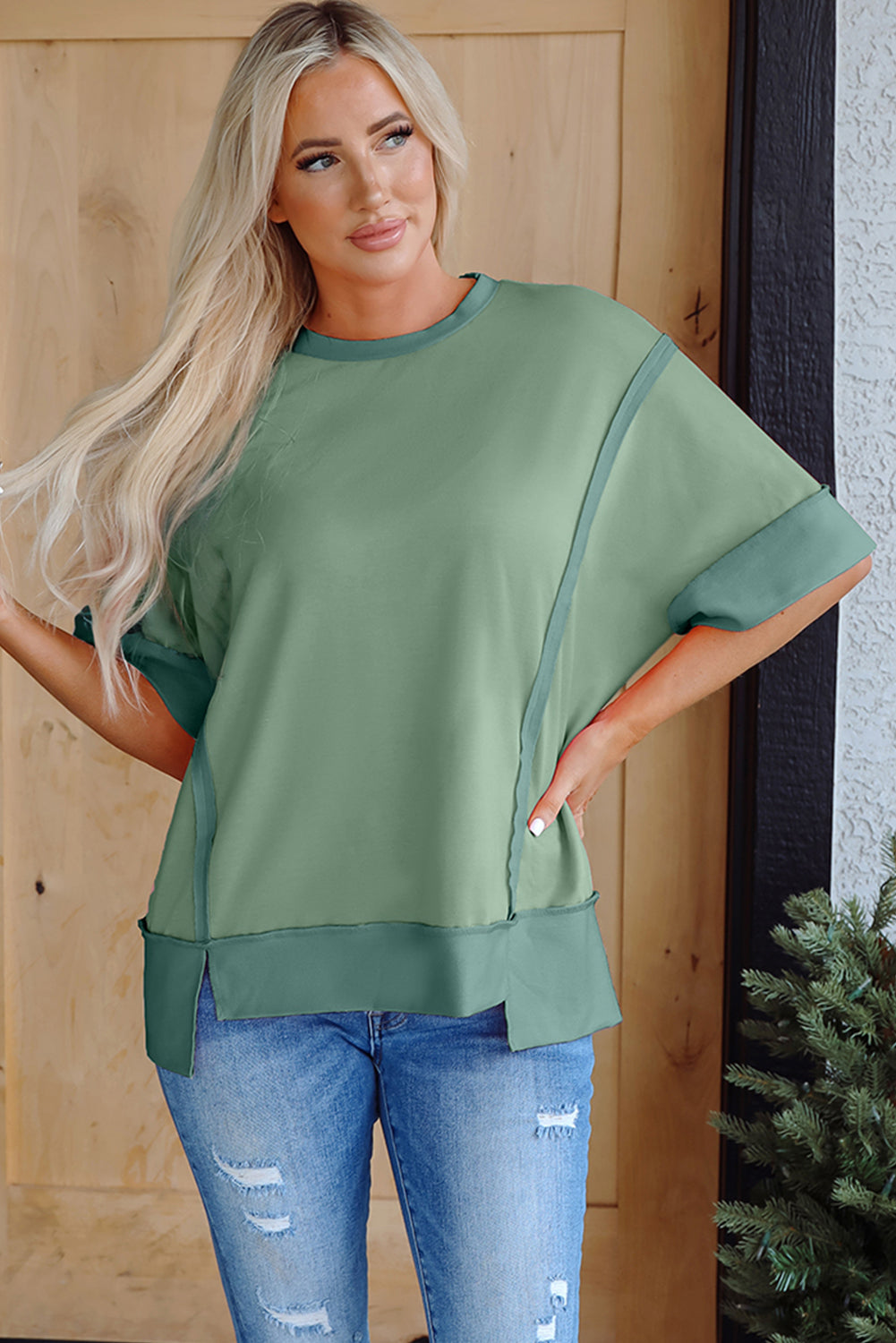 Green Half Sleeve Raw Seam High Low Side Split Top eAura