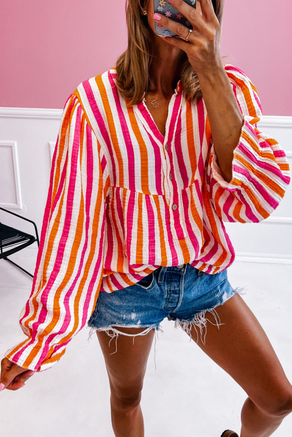 Orange Stripe Balloon Sleeve Notched V Neck Buttoned Front Blouse eAura