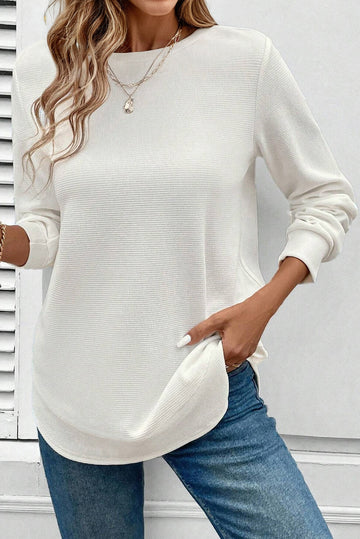 Rounded Hem Waffle Long Sleeve Top - eAura