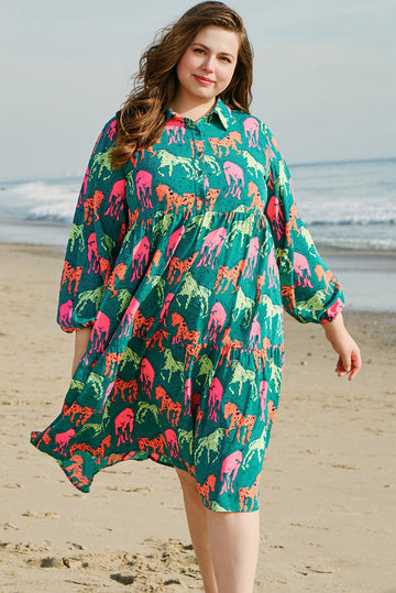 Green Horse Printed Long Sleeve Collared Buttoned Plus Size Midi Dress BB Fashion Outlet