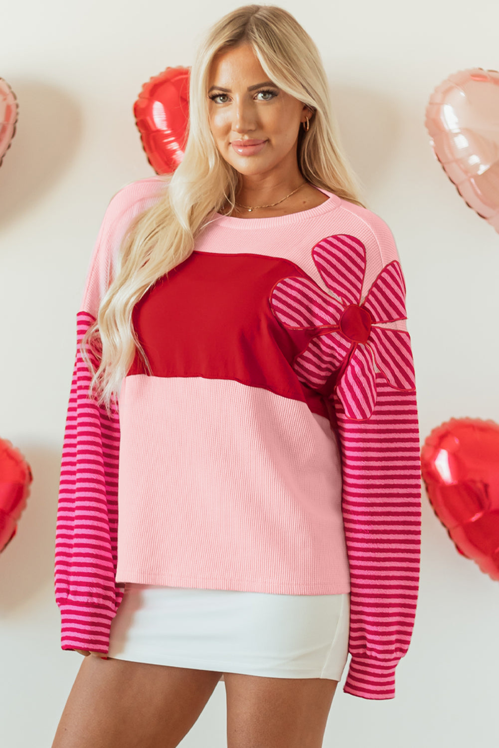 Pink Floral Patch Colour Block Striped Sleeve Textured Top eAura