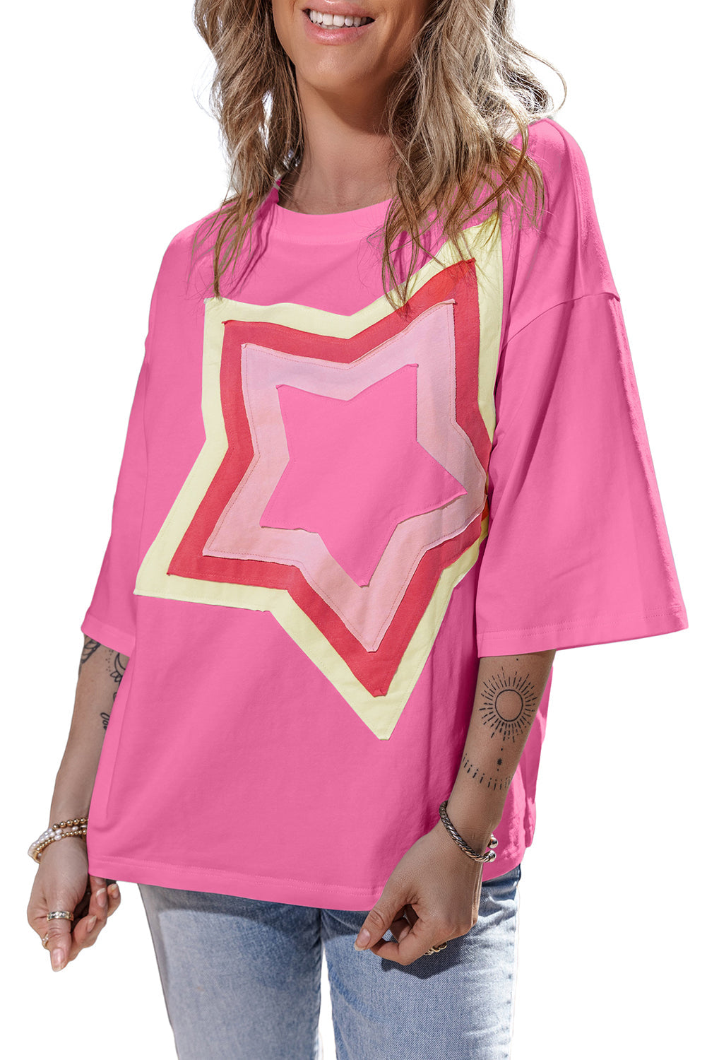 White Colourblock Star Patched Half Sleeve Oversized Tee eAura