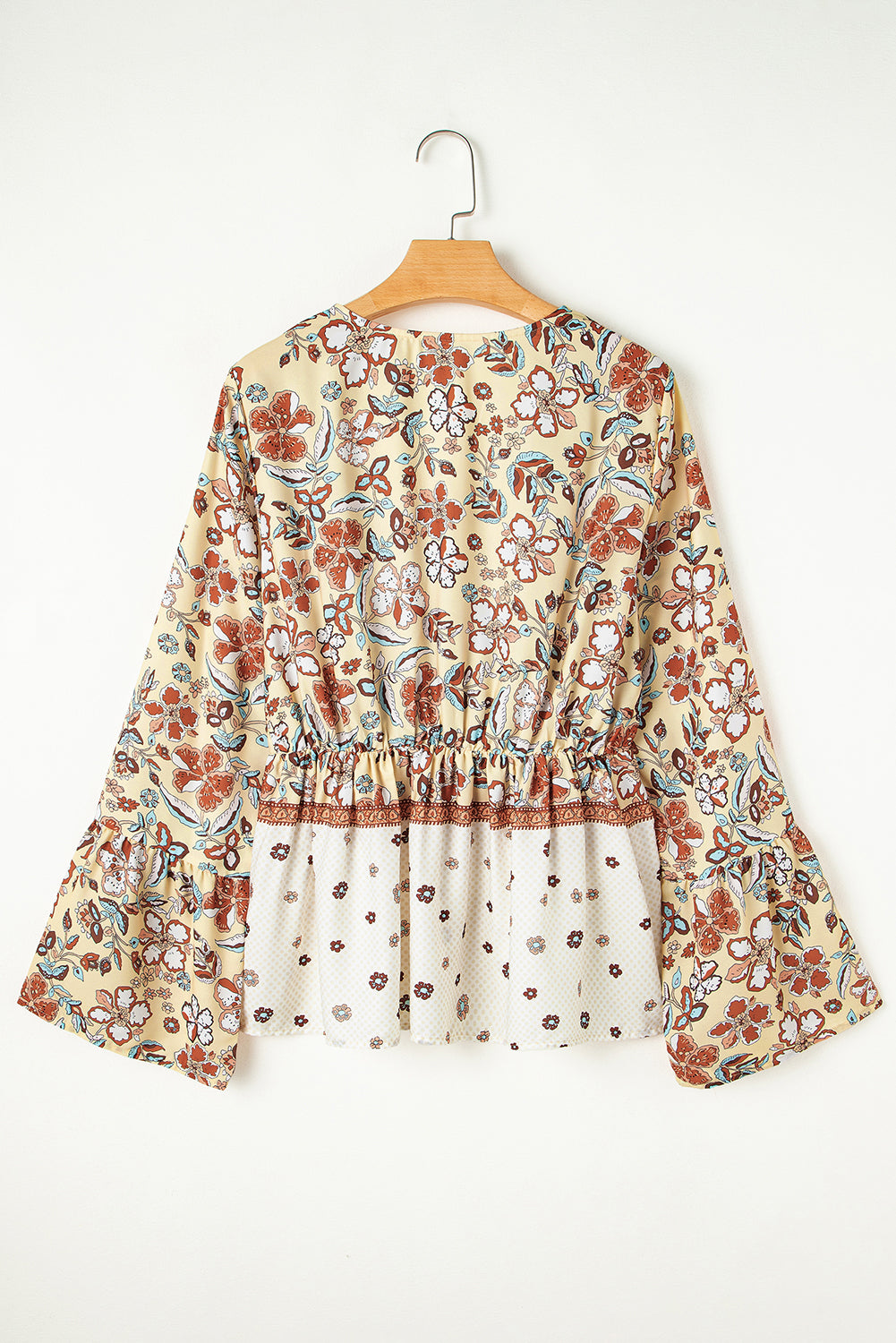 Yellow Printed Floral Bell Sleeve V Neck Wrapped Contrast Peplum Blouse eAura