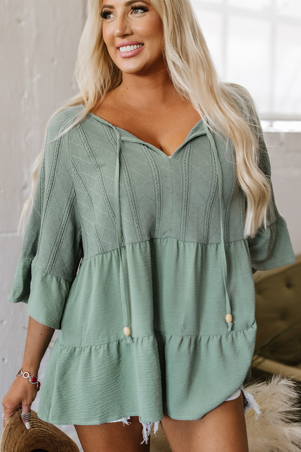 Laurel Green Tie Split Neck Textured Ruffle Patchwork Blouse eAura