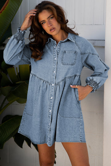 Smocked Cuffs Flared Denim Shirt Mini Dress - eAura