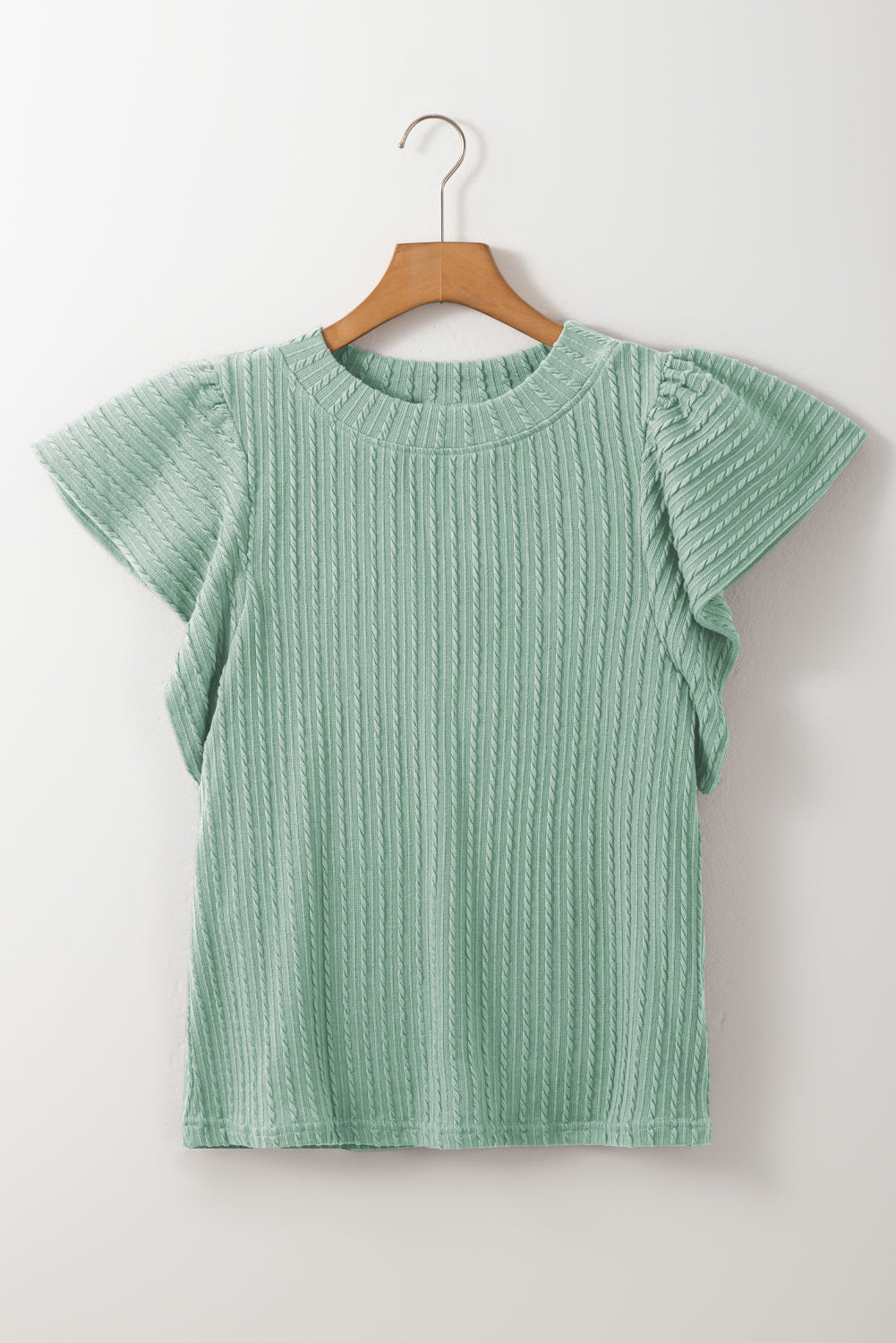 Moonlight Jade Solid Colour Textured Flutter Sleeve Top eAura