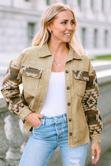 Khaki Aztec Print Patchwork Frayed Edge Corduroy Jacket eAura