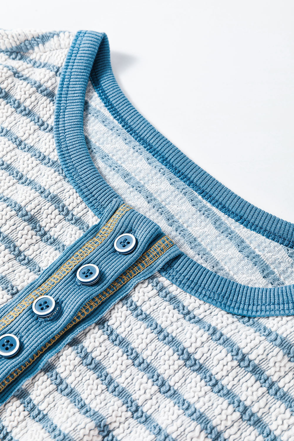 Sky Blue Stripe Textured Frilly Trim Buttons Henley Long Sleeve Top eAura