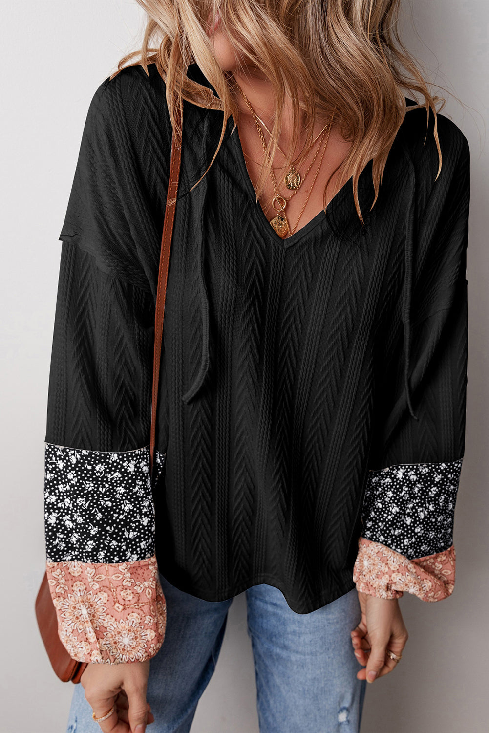 Beige Floral Patchwork Textured Knit Drawstring V Neck Blouse eAura