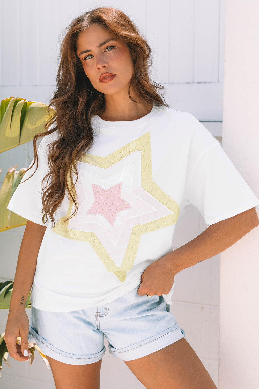 White Star Layered Patched Graphic Drop Shoulder Half Sleeve Loose Tee eAura