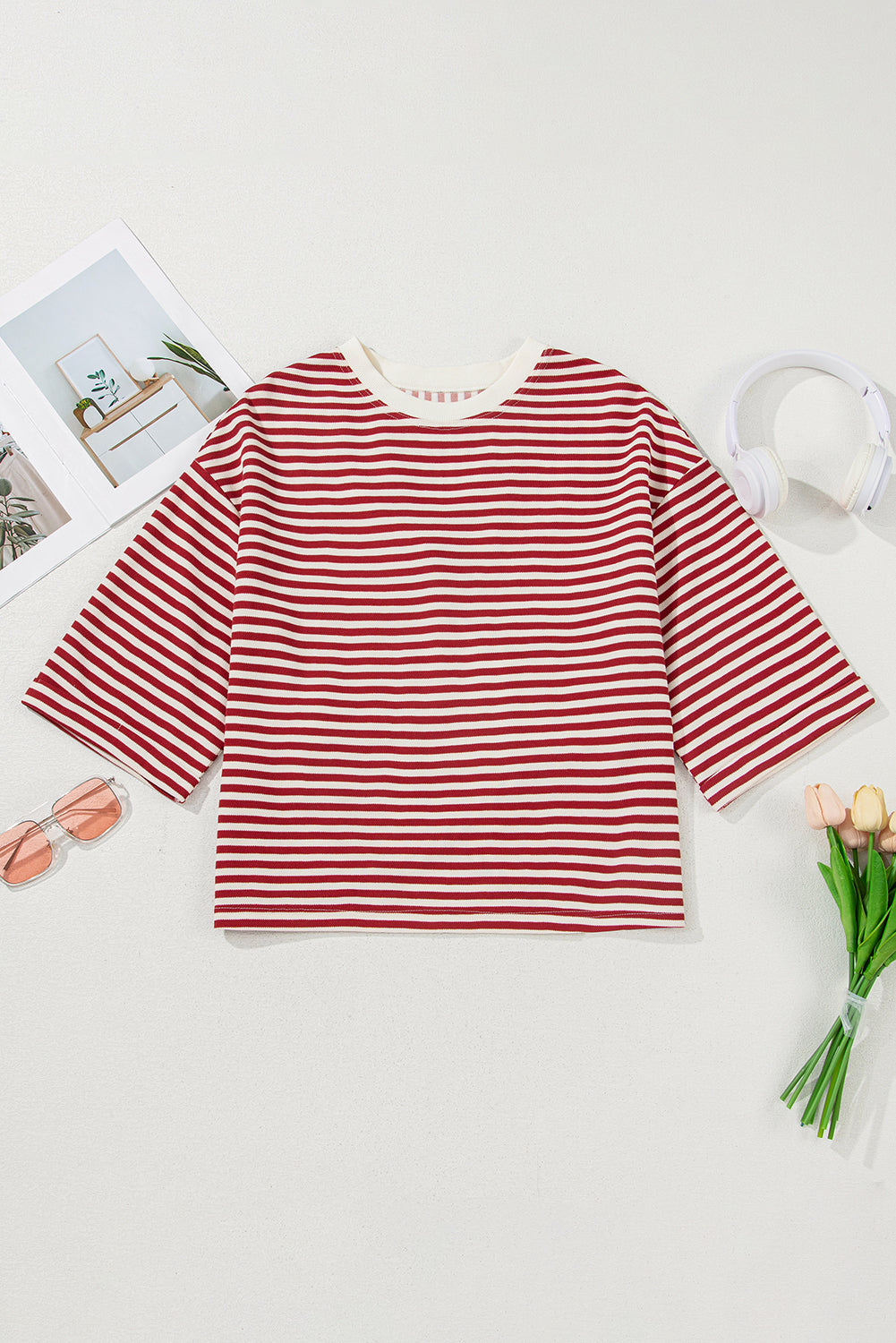 Black Stripe Bowknot Cutout Back Drop Shoulder Wide Bracelet Sleeve Loose Tee eAura