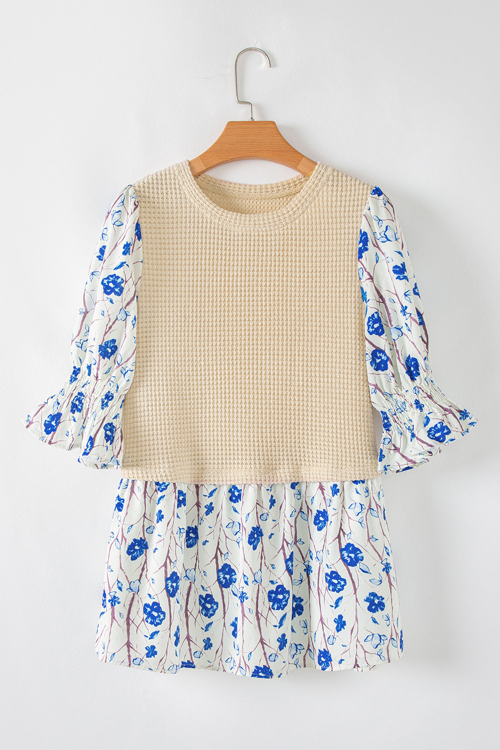 Beige Waffle Floral Patchwork Short Flounce Sleeve Peplum Blouse eAura