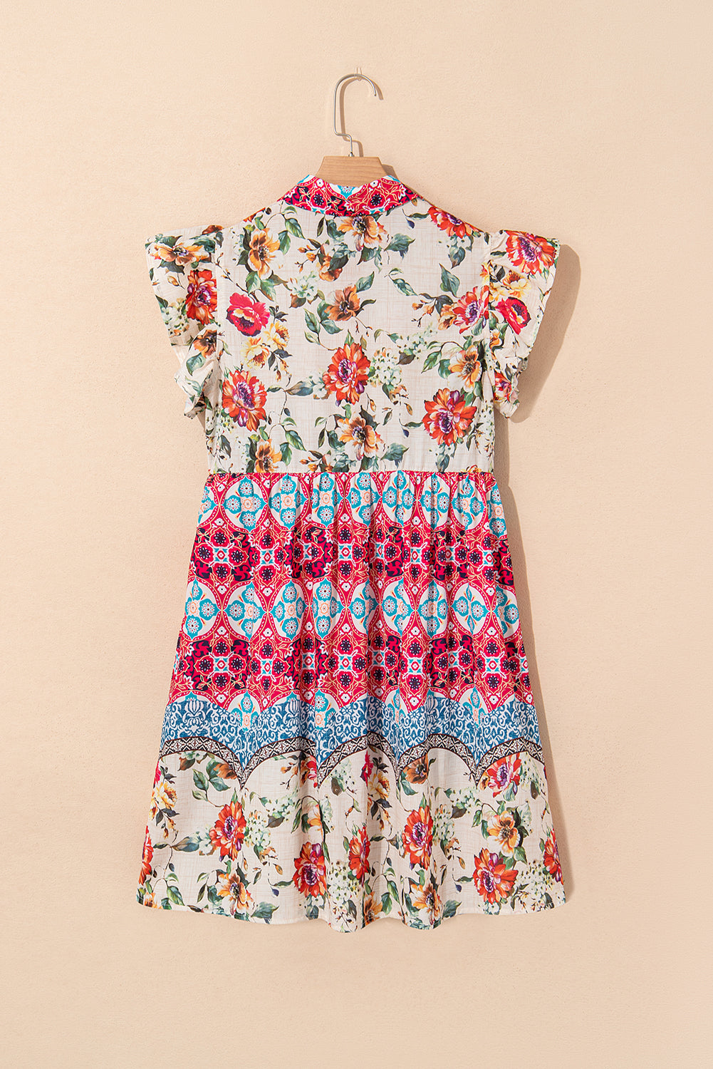 Rose Floral Mixed Pattern Ruffle Flutter Sleeve Buttoned Dress eAura