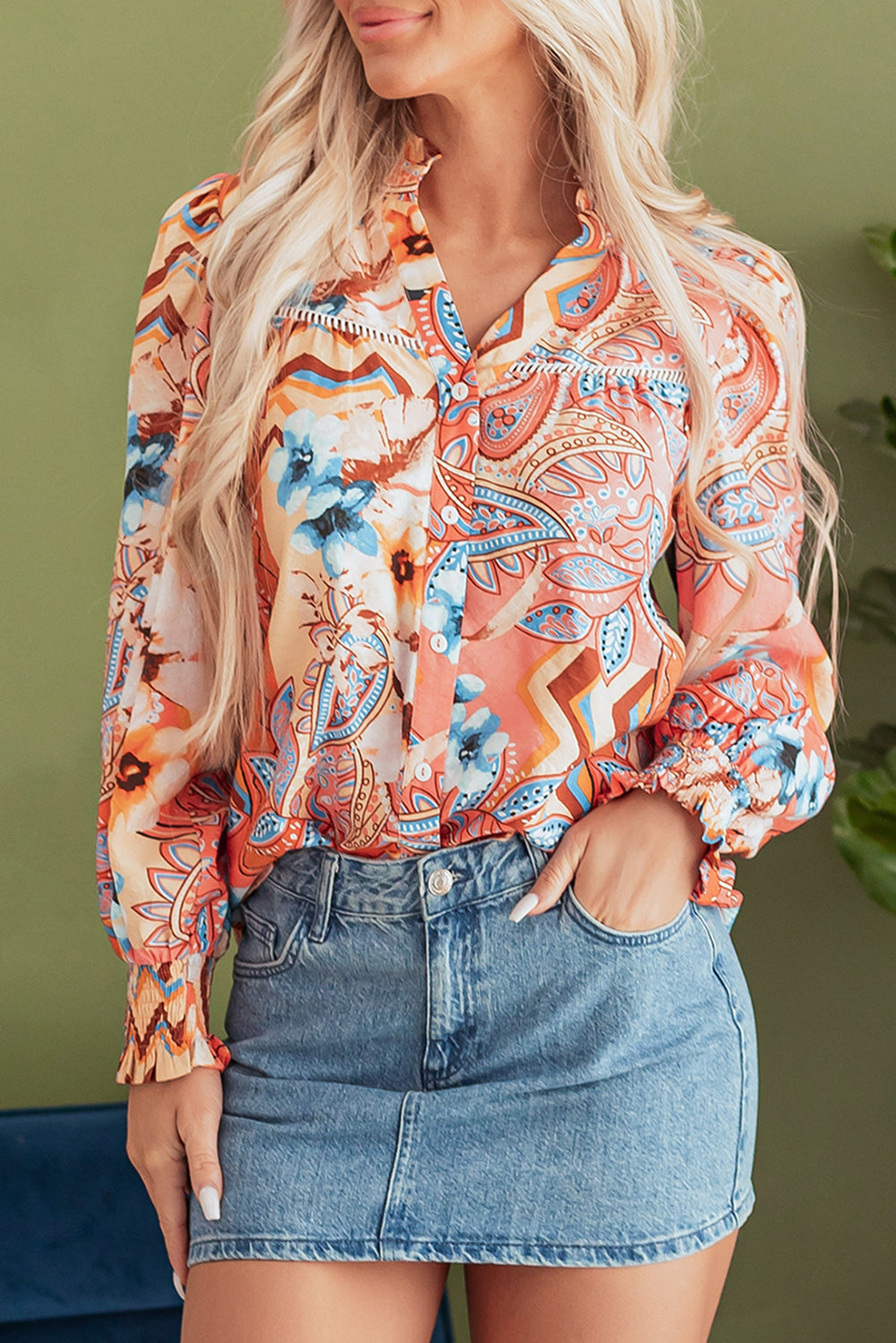 Orange Floral Print Shirred Cuff Buttoned Loose Shirt eAura