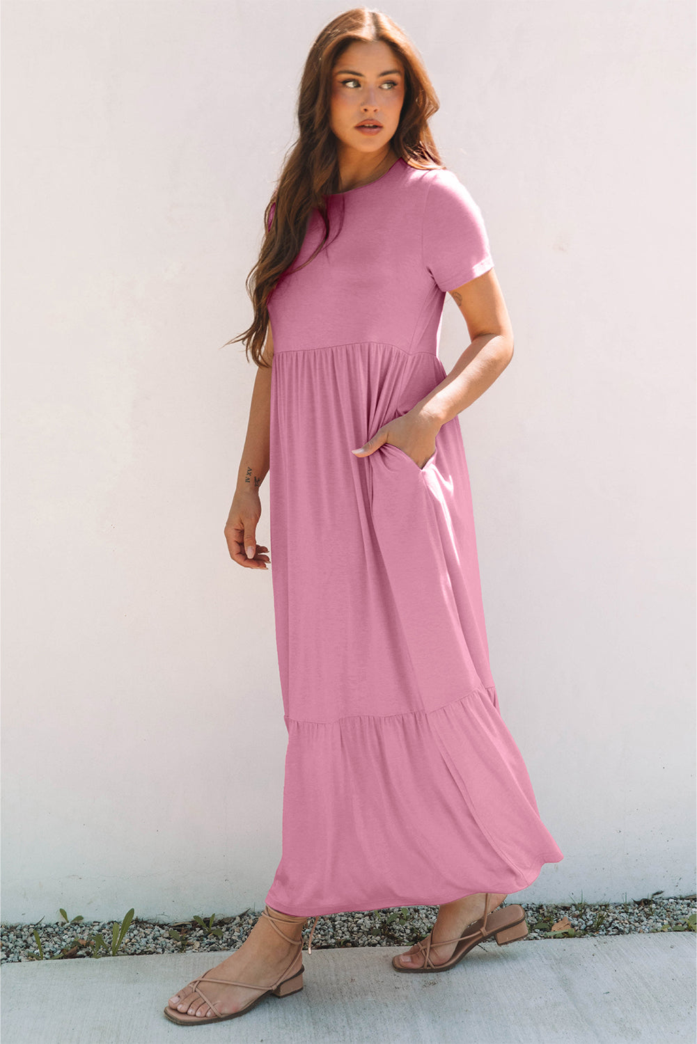 Pink Solid Colour T-shirt High Waist Pocketed Long Dress eAura