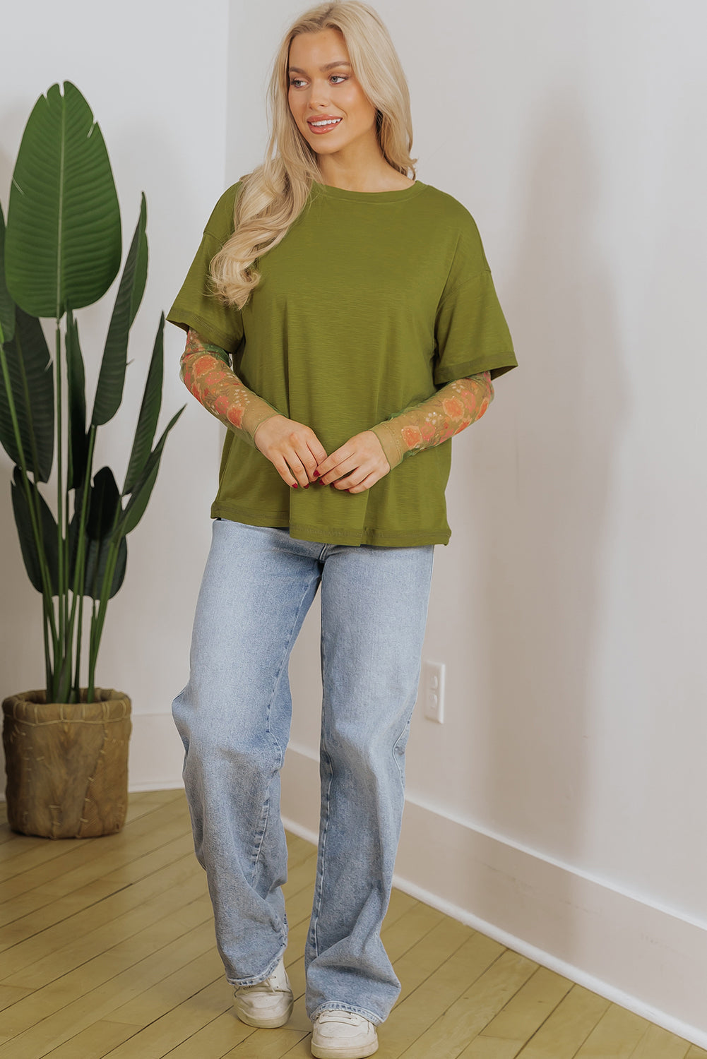 Fern Green Faux Two Piece Floral Long Sleeve Patchwork Tee eAura
