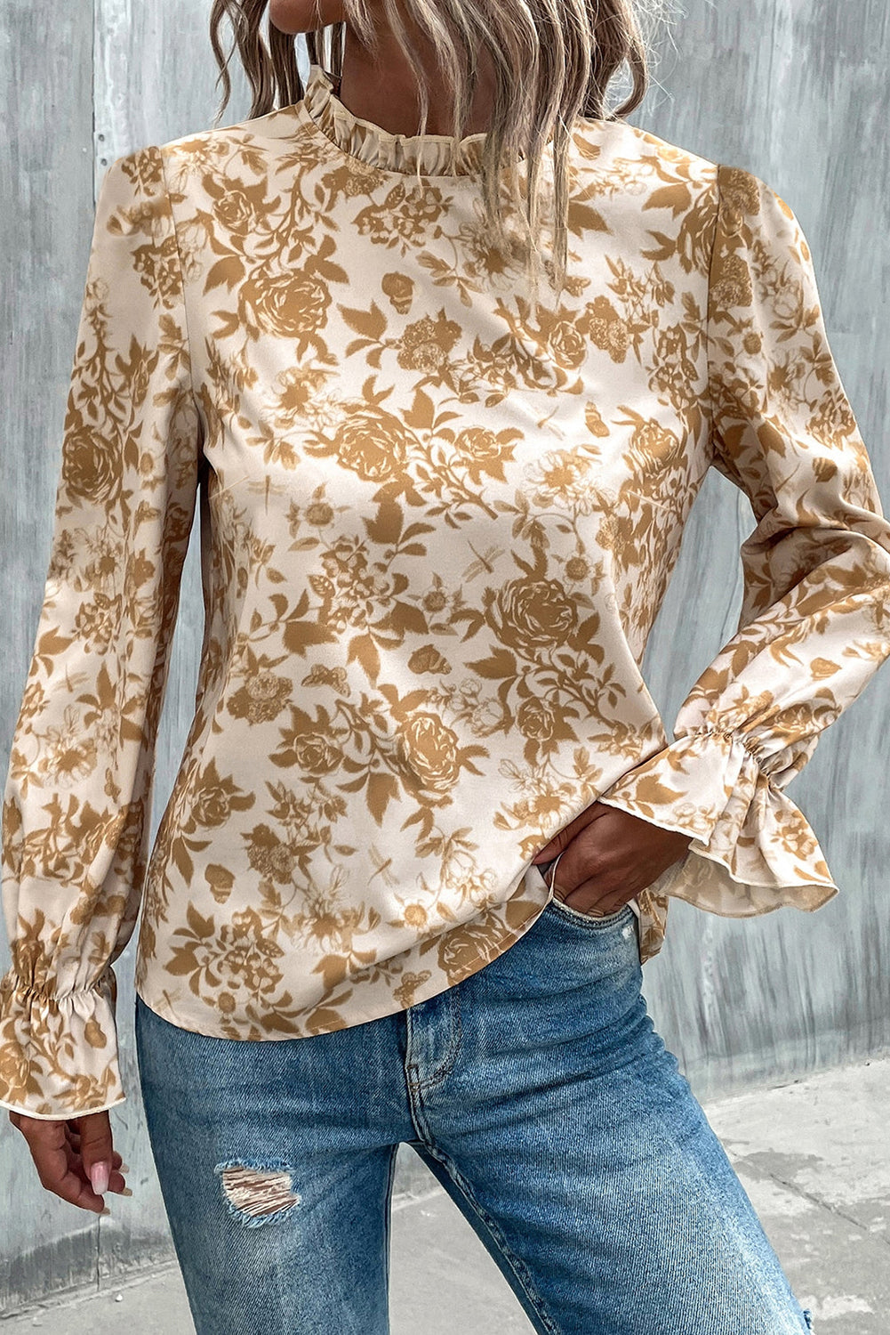 Light French Beige Floral Print Frilled Neckline Flounce Sleeve Blouse eAura