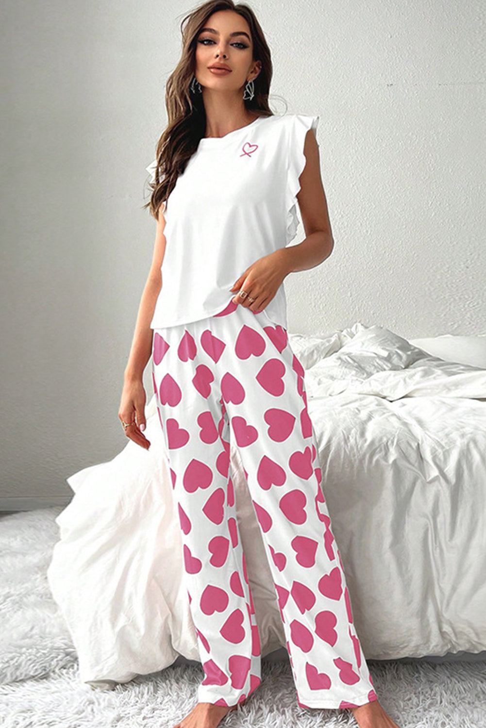 Pink Ruffled Tank Top And Heart Print Trousers Pyjamas eAura