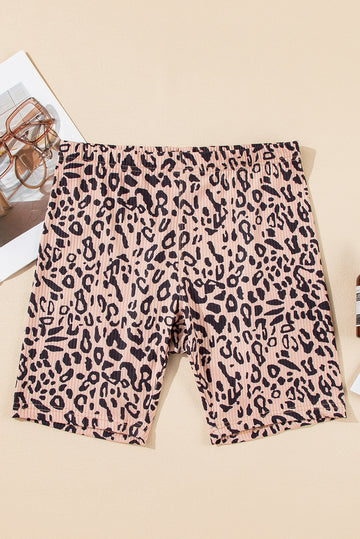 Khaki Leopard Print Ribbed Textured Knit Bicycl Shorts eAura